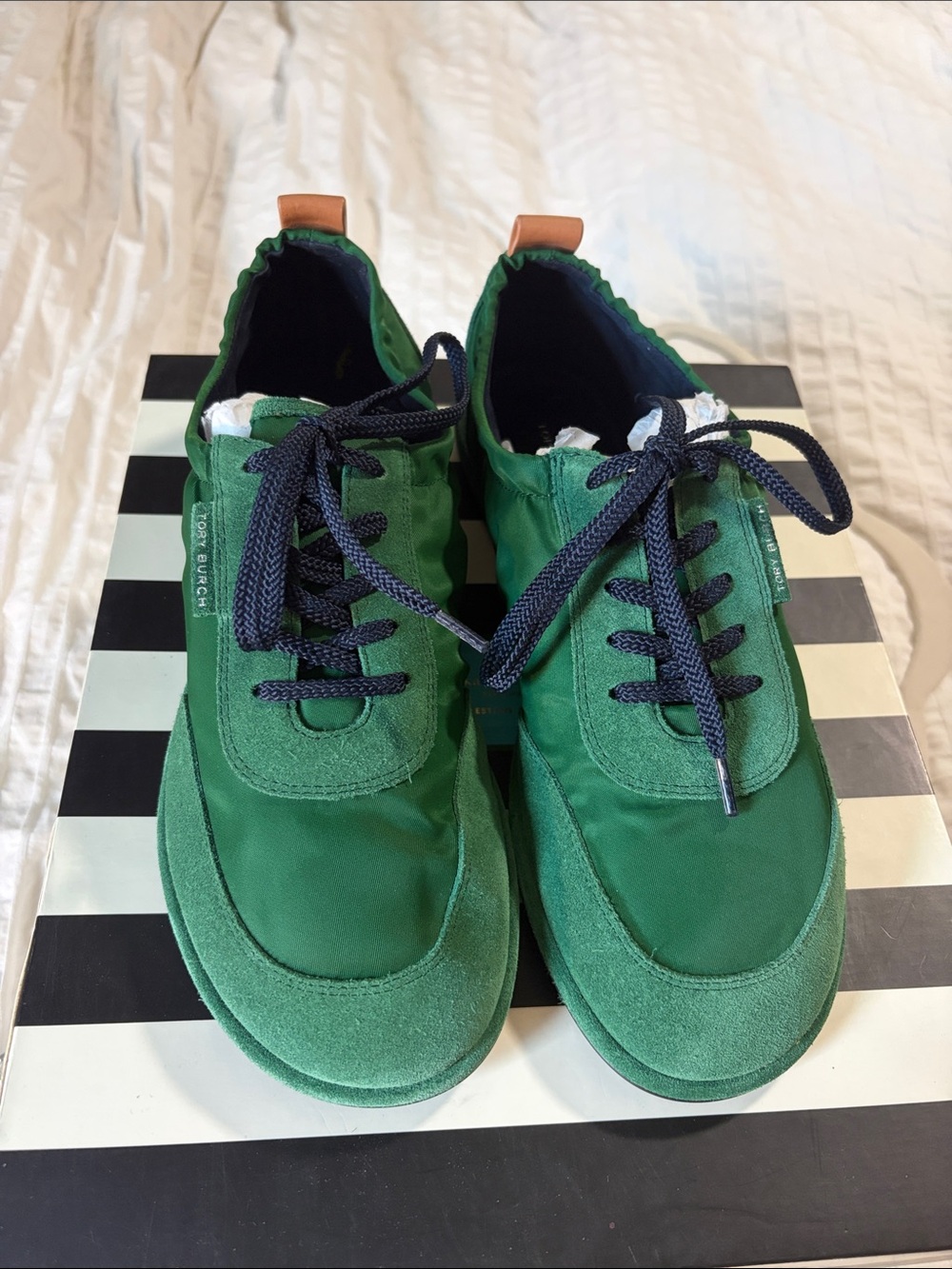 Tory Burch Green Canvas & Suede Lace-Up Flats